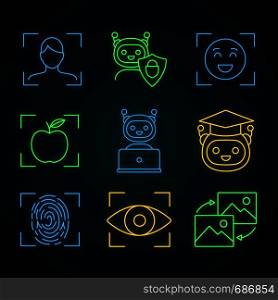 Machine learning neon light icons set. Artificial intelligence. Chatbot, face, retina, fingerprint identification. Glowing signs. Vector isolated illustrations. Machine learning neon light icons set