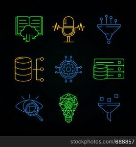 Machine learning neon light icons set. Artificial intelligence. Database. AI. Digital technology. Glowing signs. Vector isolated illustrations. Machine learning neon light icons set