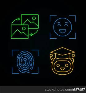 Machine learning neon light icons set. Data transforming, emotion detection, fingerprint identification, teacher bot. Glowing signs. Vector isolated illustrations. Machine learning neon light icons set