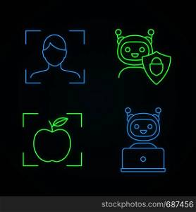 Machine learning neon light icons set. Facial recognition, secured chatbot, object detection app, chat bot. Glowing signs. Vector isolated illustrations. Machine learning neon light icons set