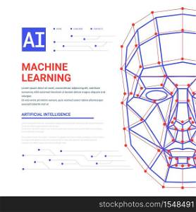 Machine learning system web template. Human face consisting of polygons, points, lines and binary data flow on blue background. artificial intelligence and cyber mind. Vector illustration. Machine learning system web template. Human face consisting of polygons, points, lines and binary data flow on blue background. artificial intelligence and cyber mind. Vector illustration.