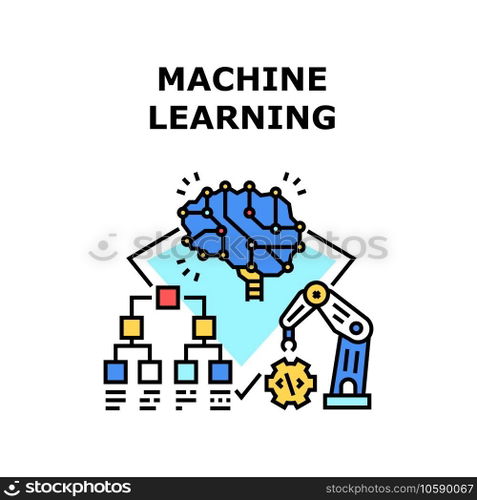 Machine Learning Vector Icon Concept. Machine Learning And Developing, Artificial Intelligence Digital Brain And Programming Operation Industrial Robotic Arm. Learn Technology Color Illustration. Machine Learning Vector Concept Color Illustration