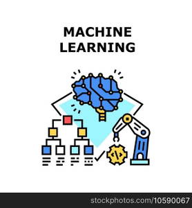 Machine Learning Vector Icon Concept. Machine Learning And Developing, Artificial Intelligence Digital Brain And Programming Operation Industrial Robotic Arm. Learn Technology Color Illustration. Machine Learning Vector Concept Color Illustration