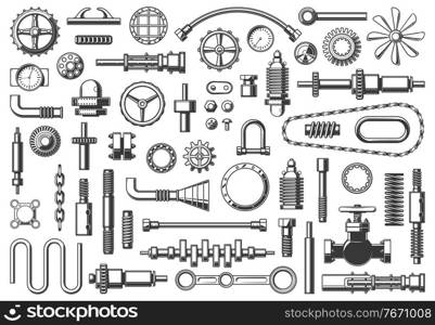 Machine parts vector icons chain, pipe and coupling, gear or pinion. Monochrome clamp, nut, crankshaft and timing belt with steering screw, hose and funnel. Isolated pressure gauge and spring set. Machine parts vector icons mechanic equipment set