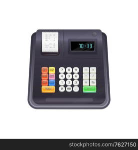 Machine registering and calculating transactions at point of sale isolated cash register. Vector black realistic cash desk, electronic device counting payments, buys and sales, shop store equipment. Modern cash register isolated till device vector