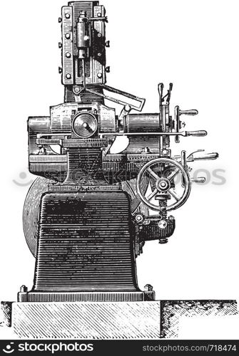 Machine slotting hubs, Front view, vintage engraved illustration. Industrial encyclopedia E.-O. Lami - 1875.