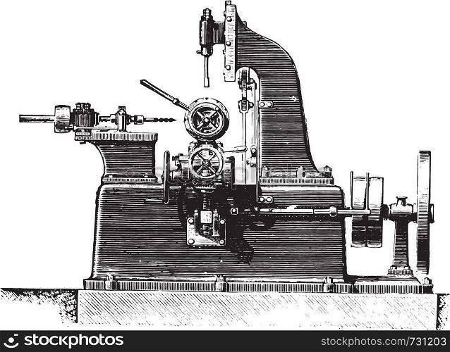 Machine slotting hubs, profile view, vintage engraved illustration. Industrial encyclopedia E.-O. Lami - 1875.