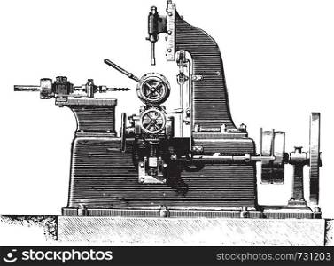Machine slotting hubs, profile view, vintage engraved illustration. Industrial encyclopedia E.-O. Lami - 1875.