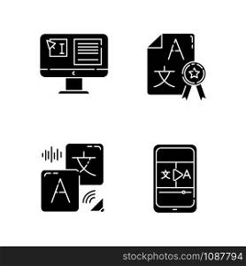 Machine translation glyph icons set. Audio and video instant online translator. Text editing. Quality control. Certified translation, DTP services. Silhouette symbols. Vector isolated illustration