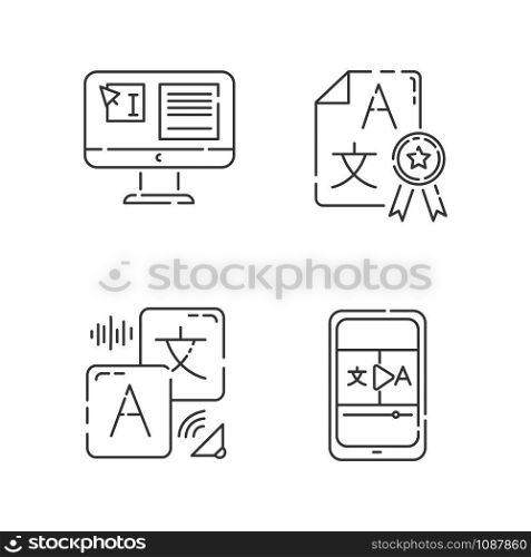 Machine translation linear icons set. Audio and video translator. Text editing. Certified translation, DTP services. Thin line contour symbols. Isolated vector outline illustrations. Editable stroke