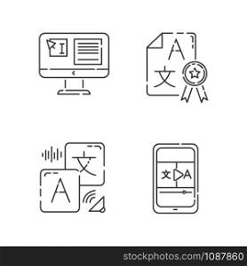 Machine translation linear icons set. Audio and video translator. Text editing. Certified translation, DTP services. Thin line contour symbols. Isolated vector outline illustrations. Editable stroke