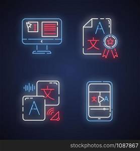 Machine translation neon light icons set. Audio and video instant online translator. Text editing. Quality control. Certified translation, DTP services. Glowing signs. Vector isolated illustrations