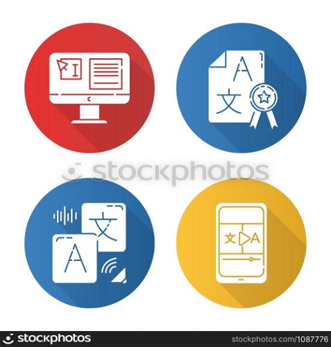 Machine translation services flat design long shadow glyph icons set. Audio and video translator. Text editing. Quality control. Certified translation, DTP services. Vector silhouette illustration