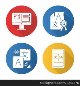 Machine translation services flat design long shadow glyph icons set. Audio and video translator. Text editing. Quality control. Certified translation, DTP services. Vector silhouette illustration