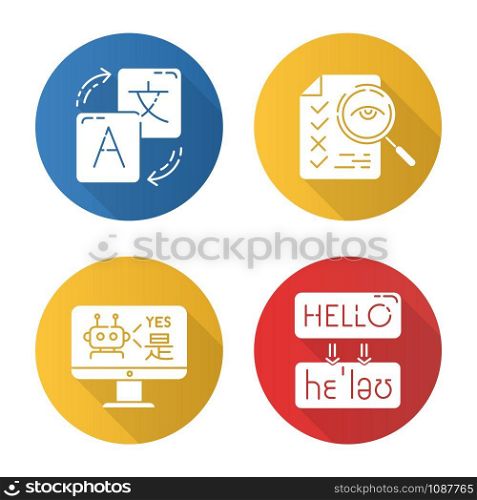 Machine translation services flat design long shadow glyph icons set. Instant translation. Multilingual chatbot. Artificial intelligence. Transcription and proofreading. Vector silhouette illustration