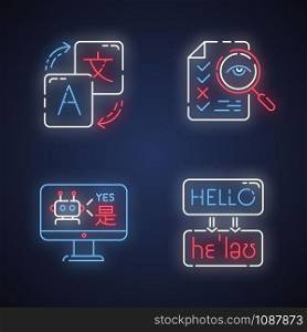 Machine translation services neon light icons set. Online translation. Multilingual chatbot. Artificial intelligence. Transcription and proofreading. Glowing signs. Vector isolated illustrations