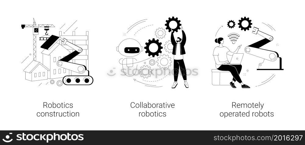 Machine work abstract concept vector illustration set. Robotics construction, collaborative artificial intelligence, remotely operated robots, factory automation, human control abstract metaphor.. Machine work abstract concept vector illustrations.
