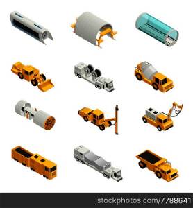 Machinery and equipment for tunnel construction isometric icons set isolated on white background 3d vector illustration. Tunnel Construction Isometric Icons