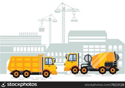 Machinery for construction and building vector. Tractor cement mixer and truck with container, cityscape and crane lifting heavy bulk town infrastructure. Special machines for work. Flat cartoon. Cityscape City Construction and Building Machinery