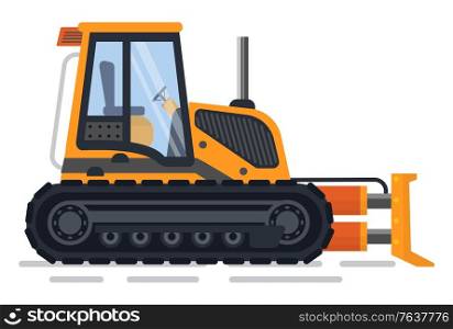 Machinery for construction and working process vector, isolated excavator with empty cabin. Bulldozer used in building, automotive mechanism flat style. Excavator Machinery for Building and Construction