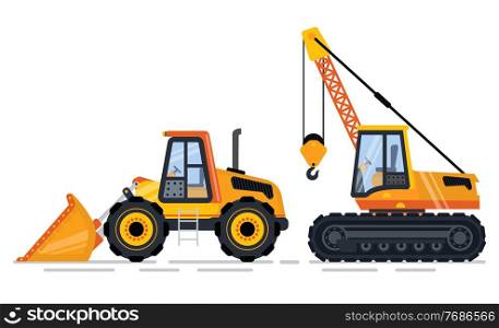 Machinery for construction vector, equipment for building. Isolated bulldozer and crane with hook to transport and lift heavy items. Machinery for work. Construction Equipment Crane and Bulldozer Set