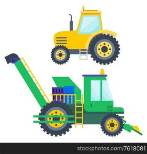 Machinery for farm works vector, isolated machines working on industry. Harvester and tractor. Vehicles for transportation flat style farmers equipment. Agricultural Machinery Tractor and Harvester Set
