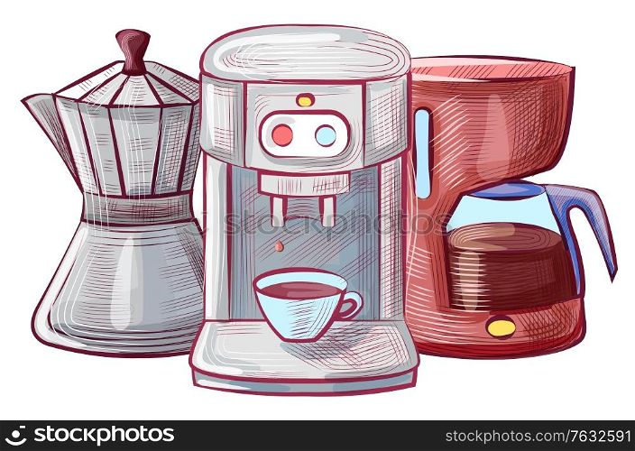 Machinery for making coffee beverage vector, sketches of cup with drink, moka pot and coffeemaker. Glass pot machine with buttons and mug flat style. Moka Pot and Coffee Making Machine Set Vector