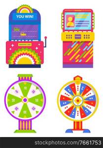 Machinery for playing and gambling vector, isolated set of game machine flat style. Box with screen and controlling panel. Fortune wheel pointing on money and reward in casino. Entertainment for kids. Game Machine and Fortune Wheel Gambling Device