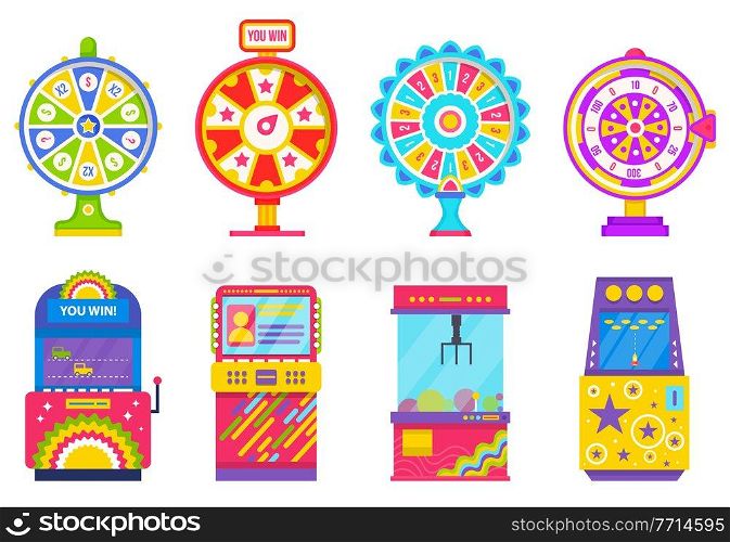 Machinery for playing and gambling vector, isolated set of game machine flat style. Arcade gambling games in casino. Fortune wheel pointing on money and reward in casino. Gaming computer machinery. Game Machine and Fortune Wheel Gambling Device