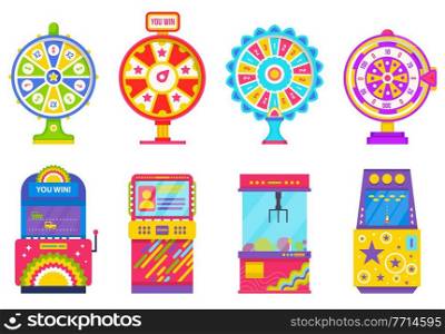 Machinery for playing and gambling vector, isolated set of game machine flat style. Arcade gambling games in casino. Fortune wheel pointing on money and reward in casino. Gaming computer machinery. Game Machine and Fortune Wheel Gambling Device