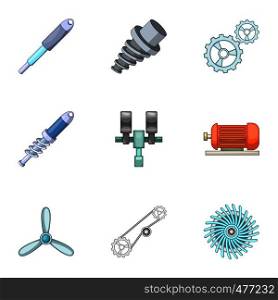Machinery icons set. Cartoon set of 9 machinery vector icons for web isolated on white background. Machinery icons set, cartoon style