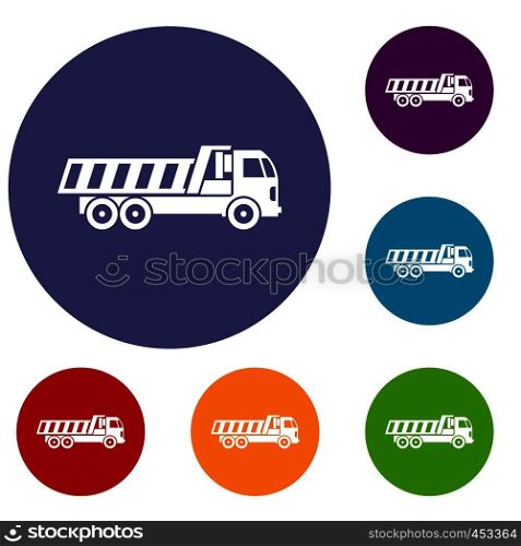 Machinery icons set in flat circle reb, blue and green color for web. Machinery icons set