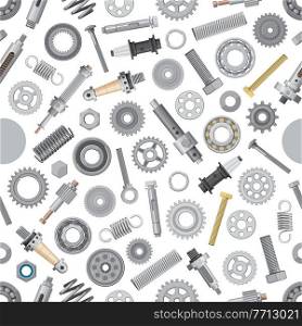 Machinery metal spare parts seamless pattern. Screw-bolts and nuts, bearing and cogwheel, shock absorber steel springs, sleeve and shim washers vector. Industrial machine, car elements background. Machinery metal spare parts seamless pattern