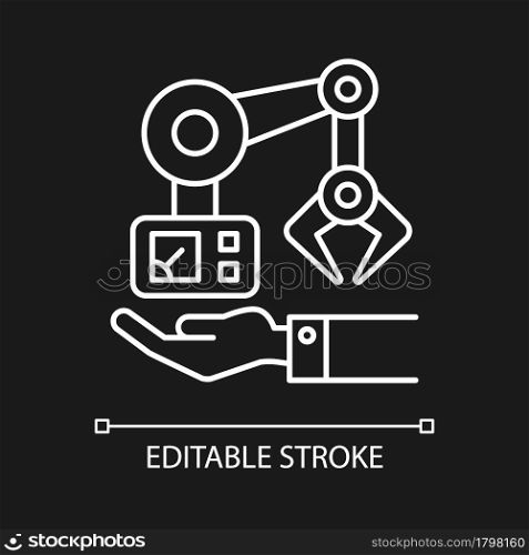 Machinery owning white linear icon for dark theme. Robot arm mechanism on hand. Industrial plant. Thin line customizable illustration. Isolated vector contour symbol for night mode. Editable stroke. Machinery owning white linear icon for dark theme