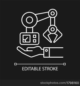 Machinery owning white linear icon for dark theme. Robot arm mechanism on hand. Industrial plant. Thin line customizable illustration. Isolated vector contour symbol for night mode. Editable stroke. Machinery owning white linear icon for dark theme