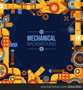 Machinery Parts Background. Machinery parts background with metal pipeline gears manufacturing tools chain wheels valves vector illustration