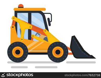 Machinery used in construction vector, isolated icon of machine in working process. Bulldozer vehicle transport helping workmen to cope with tasks. Bulldozer Industry Machine, Transport Construction
