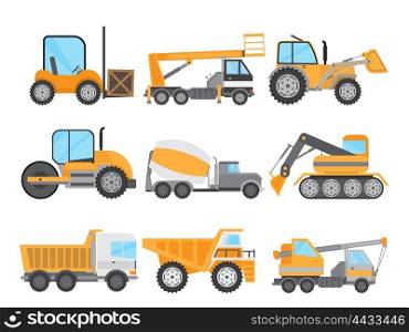 Machines for construction work set. Special machines for loading and lifting cargo to transport heavy objects, to pits and dripping Lifter concrete products for construction. Vector illustration