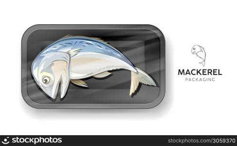 Mackerel fish one, in black foam tray wrapped in plastic packaging, design popular food in thailand on gray background, Eps 10 vector illustration
