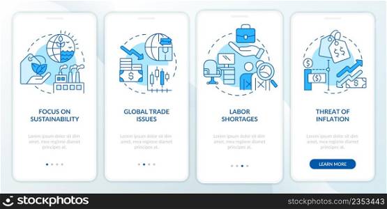 Macro economy trends blue onboarding mobile app screen. Commerce walkthrough 4 steps graphic instructions pages with linear concepts. UI, UX, GUI template. Myriad Pro-Bold, Regular fonts used. Macro economy trends blue onboarding mobile app screen