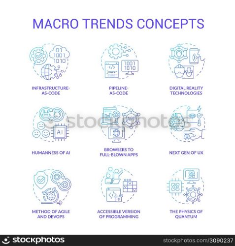 Macro trends blue gradient concept icons set. Global business and industry development idea thin line color illustrations. Isolated symbols. Editable stroke. Roboto-Medium, Myriad Pro-Bold fonts used. Macro trends blue gradient concept icons set