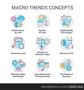 Macro trends concept icons set. Global business and industry development idea thin line color illustrations. Isolated symbols. Editable stroke. Roboto-Medium, Myriad Pro-Bold fonts used. Macro trends concept icons set