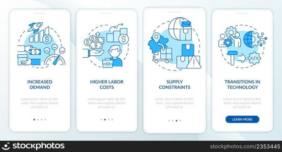 Macro trends in economy blue onboarding mobile app screen. Enterprise walkthrough 4 steps graphic instructions pages with linear concepts. UI, UX, GUI template. Myriad Pro-Bold, Regular fonts used. Macro trends in economy blue onboarding mobile app screen