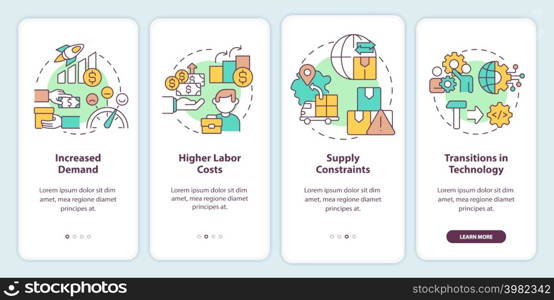 Macro trends in economy onboarding mobile app screen. Enterprise work walkthrough 4 steps graphic instructions pages with linear concepts. UI, UX, GUI template. Myriad Pro-Bold, Regular fonts used. Macro trends in economy onboarding mobile app screen