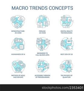 Macro trends turquoise concept icons set. Global commerce and industry development idea thin line color illustrations. Isolated symbols. Editable stroke. Roboto-Medium, Myriad Pro-Bold fonts used. Macro trends turquoise concept icons set