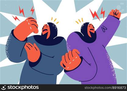 Mad Arabic women in hijabs protest together on street demonstration. Furious arab female activists stand for rights equality at protest or march. Vector illustration. . Decisive Arabic women protest on demonstration 