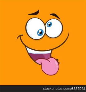 Mad Cartoon Funny Face With Crazy Expression And Protruding Tongue. Illustration With Orange Background