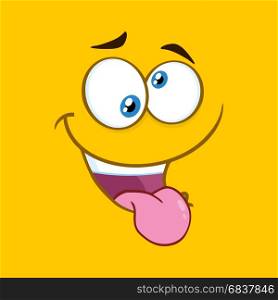 Mad Cartoon Square Emoticons With Crazy Expression And Protruding Tongue. Illustration With Yellow Background