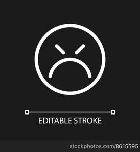 Mad emoticon pixel perfect white linear ui icon for dark theme. Emotional expression. Feedback. Vector line pictogram. Isolated user interface symbol for night mode. Editable stroke. Arial font used. Mad emoticon pixel perfect white linear ui icon for dark theme