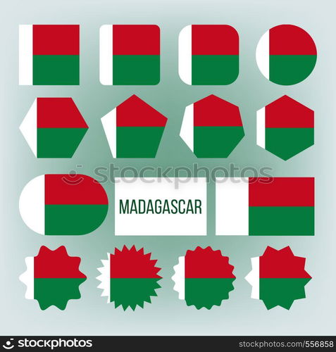 Madagascar Flag Collection Figure Icons Set Vector. White, Green And Red Color Of National Patriotic Symbol Madagascar Democracy Liberty African Island Country. Flat Cartoon Illustration. Madagascar Flag Collection Figure Icons Set Vector